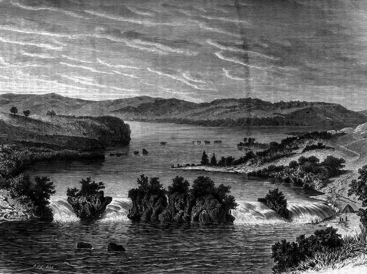 Uitzicht op het Victoriameer, Afrika. Gravure in 