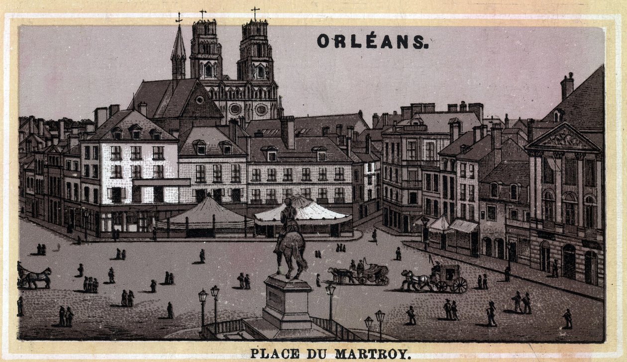 Uitzicht op Place du Martroy in Orléans, departement Loiret en regio Centre, Frankrijk. Chromolithografie uit de late 19e eeuw. door Unknown artist
