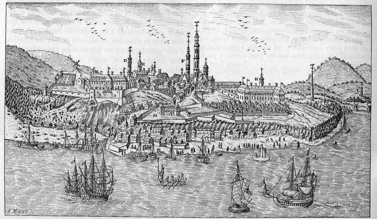 Zicht op Quebec City in Canada (eind 17e eeuw): A. Jardin du fort. B. Het fort. C. Kruitmagazijn. D. Les Recollets. E. Ursulinen. F. De Jezuïeten. G. De kathedraal. H. Het seminarie. I. Hotel Dieu. L. Algemeen Ziekenhuis. Mr. L