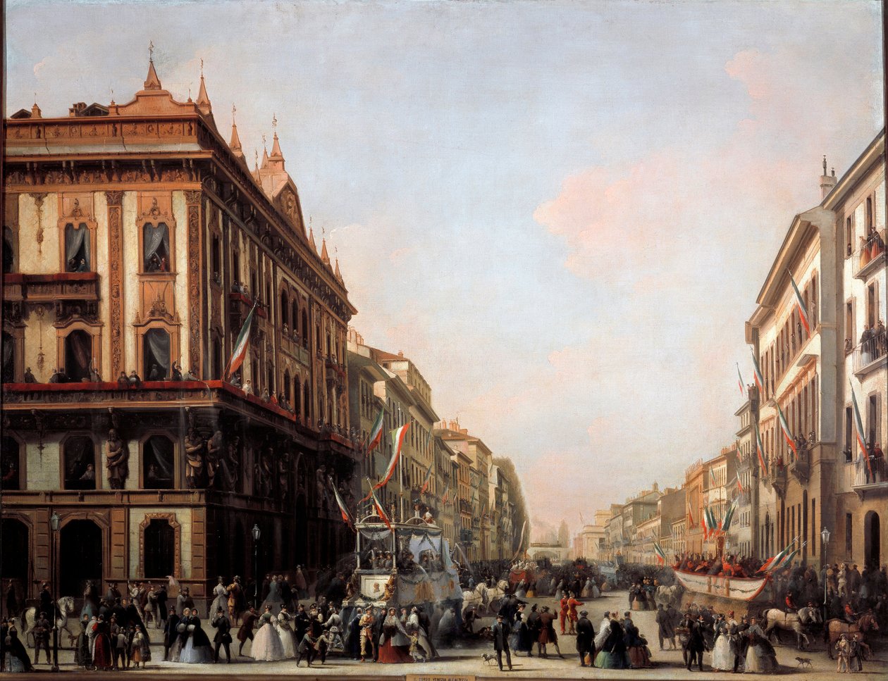 Zicht op de Venezia straat met carnavalswagen, Milaan door Unknown artist