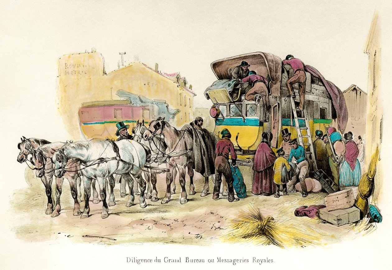 Uitzicht op een diligence van het Grand Bureau of de Royal Messageries, dienst ingesteld door Anne Robert Turgot (1727-1781): laden van passagiersbagage door Unknown artist