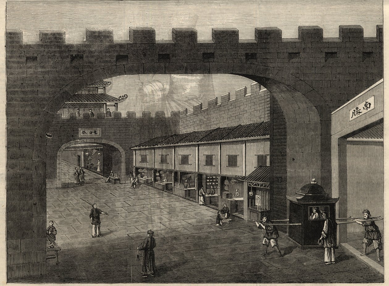 Uitzicht op een straat in de stadsmuren van Guangzhou, China. Gravure in 