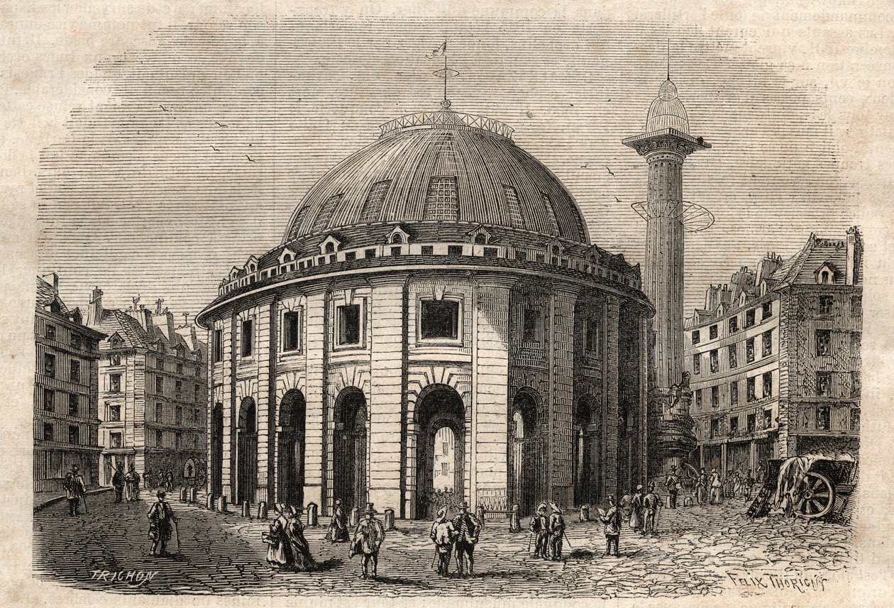 Zicht op halle au blé in Parijs (gebouwd in 1763-1769) en de Medici-zuil, gravure begin 19e eeuw door Unknown artist