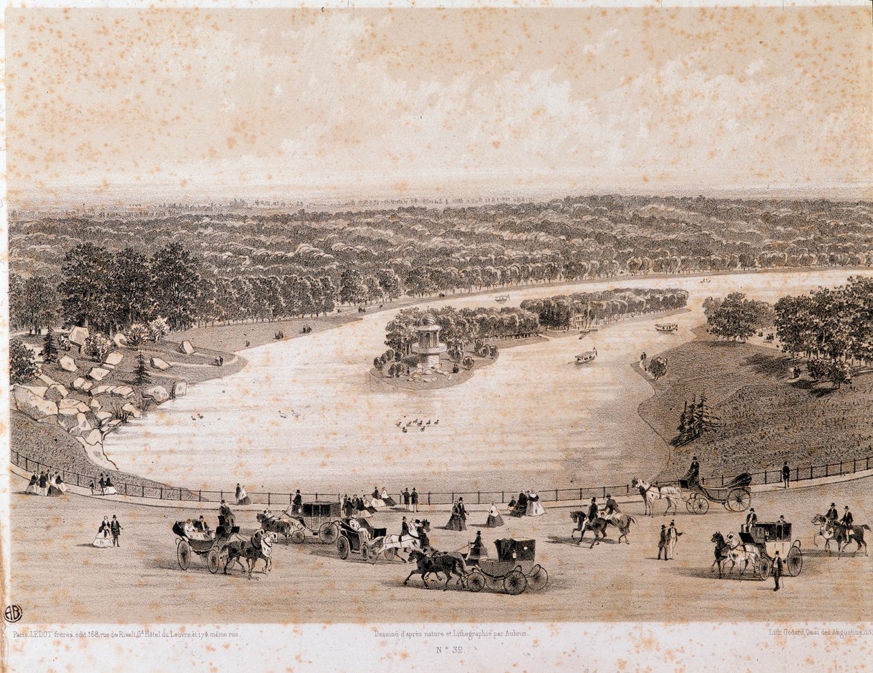 Uitzicht op het Bois de Boulogne in Parijs. Lithografie uit 1850. Privécollectie door Unknown artist