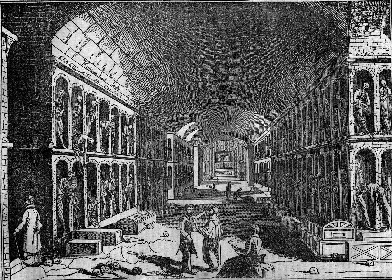 Zicht op de begraafplaats van de Kapucijnen in Palermo in de 19e eeuw. (Cimitero dei Cappuccini, Palermo). door Unknown artist