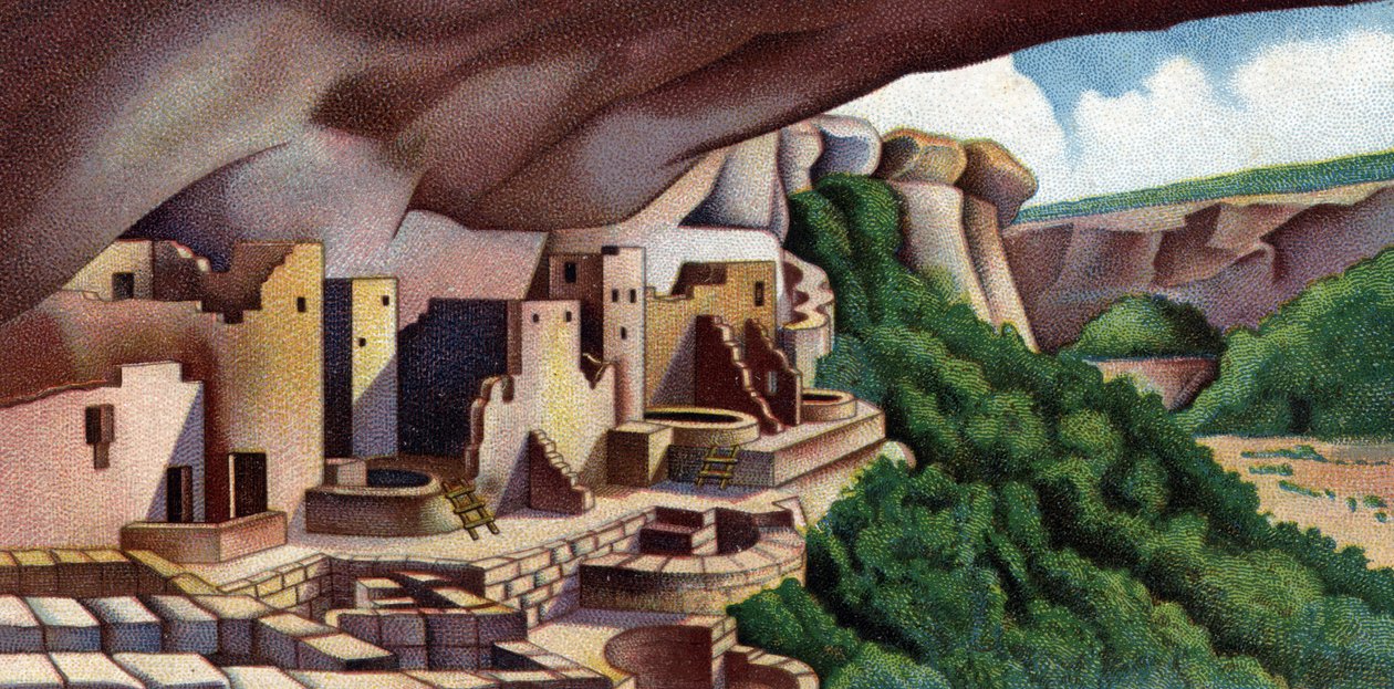 Uitzicht op het klifpaleis (Ancient Pueblo Building) Mesa Verde National Park, VS (Uitzicht op het klifpaleis, grootste klifwoning in Noord-Amerika, bouwwerk van de oude Pueblo-volkeren in Mesa Verde National Park, Colorado VS) jaren 1930 door Unknown Artist