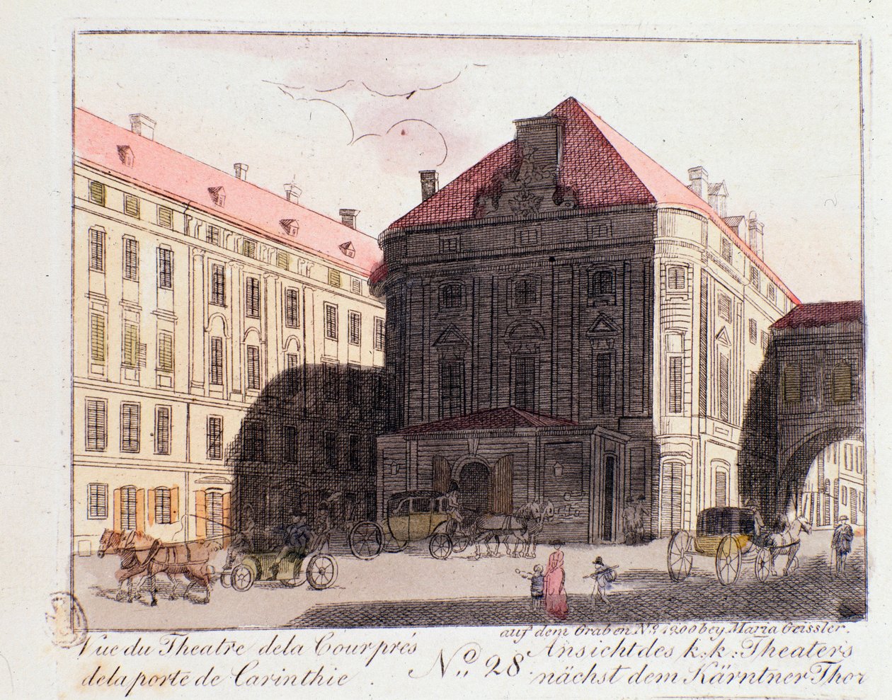 Uitzicht op het Hofburgtheater bij de Karinthia-poort (Karntnertortheater of Theater am Karntnertor) in Wenen waar Beethovens 9e symfonie voor het eerst werd uitgevoerd op 07/05/1824. Oostenrijk. Gravure uit 1815 Privécollectie door Unknown artist