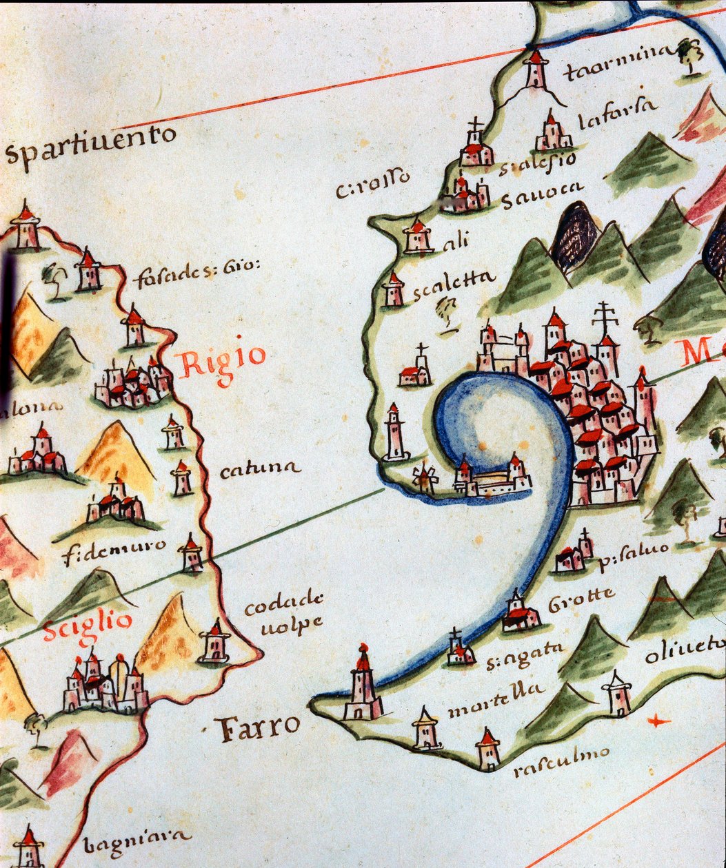 Uitzicht op de Straat van Messina tussen Calabrië en Sicilië in Italië. Detail van de portulan van Castellini door Unknown artist