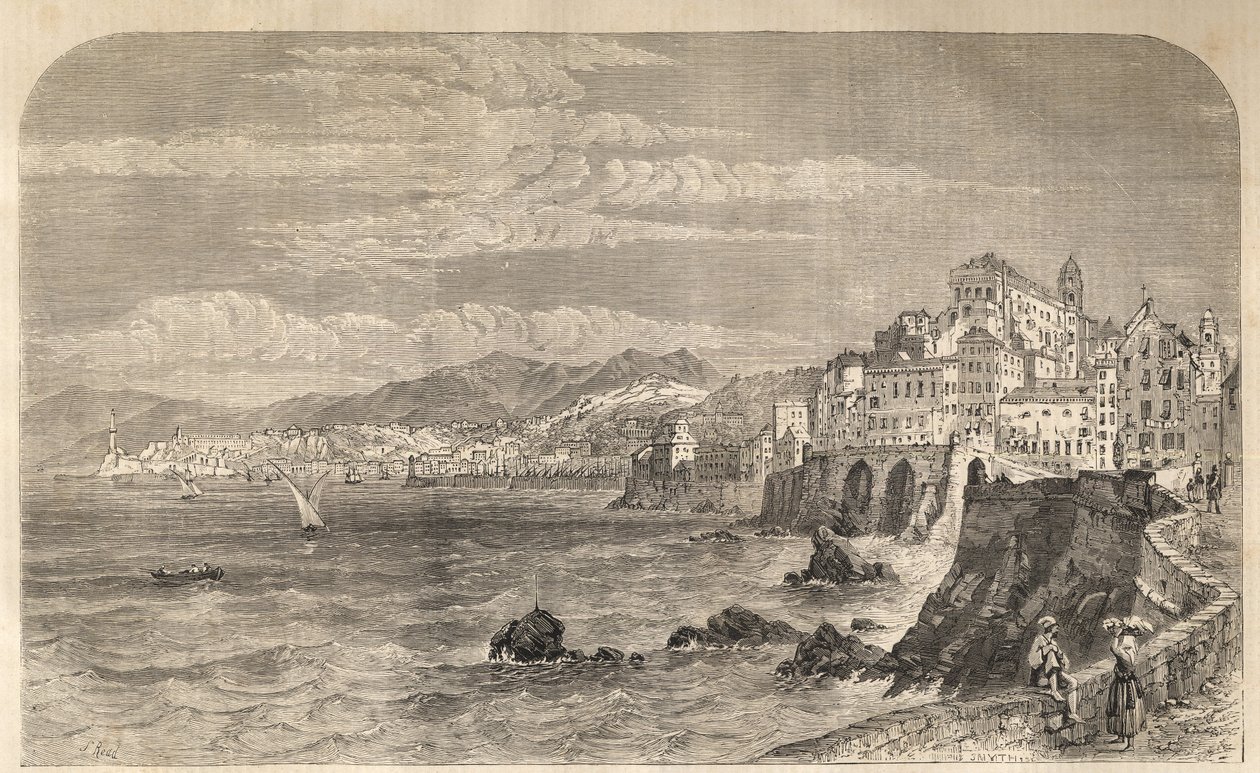 Uitzicht op de oude haven van Genua - Uitzicht op de haven van Genua - Genua in 1861 - Gravure. door Unknown artist