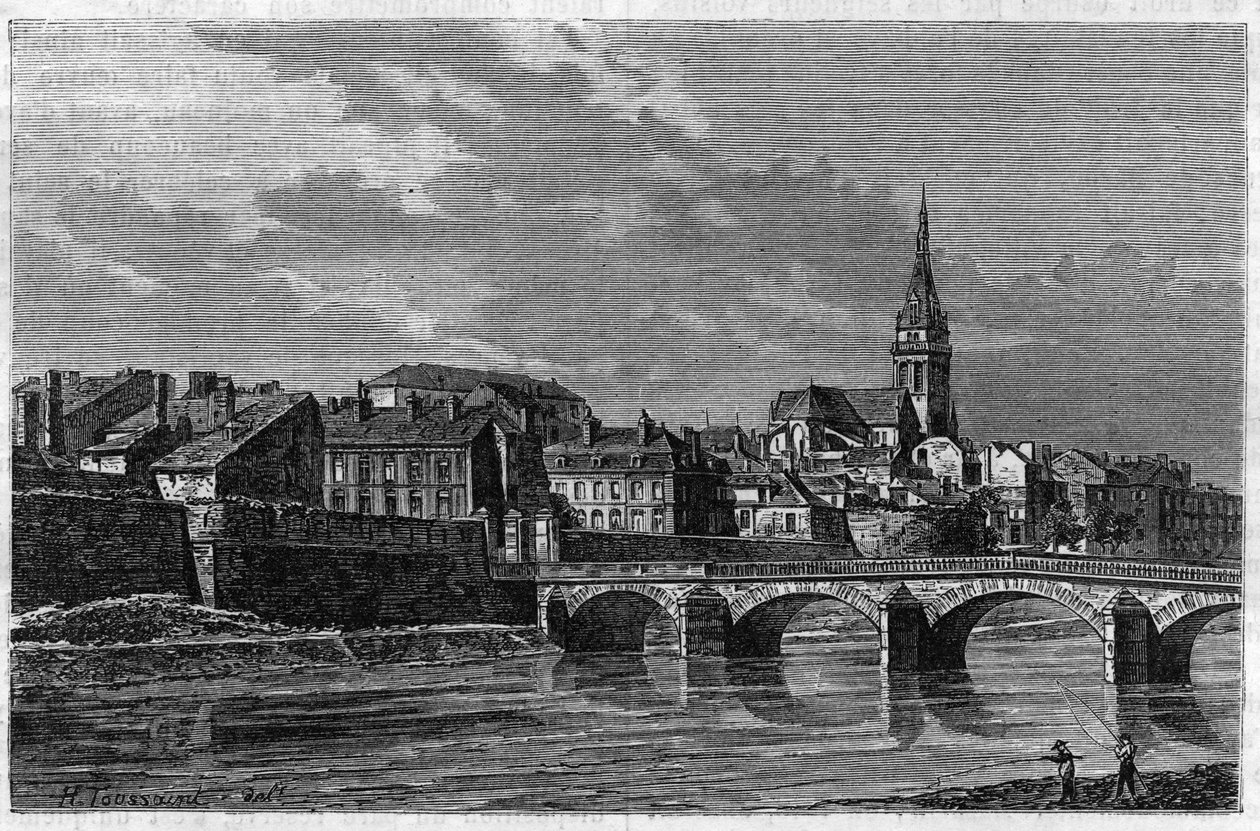 Zicht op de stad Mezieres aan het einde van de 19e eeuw. Gravure in 
