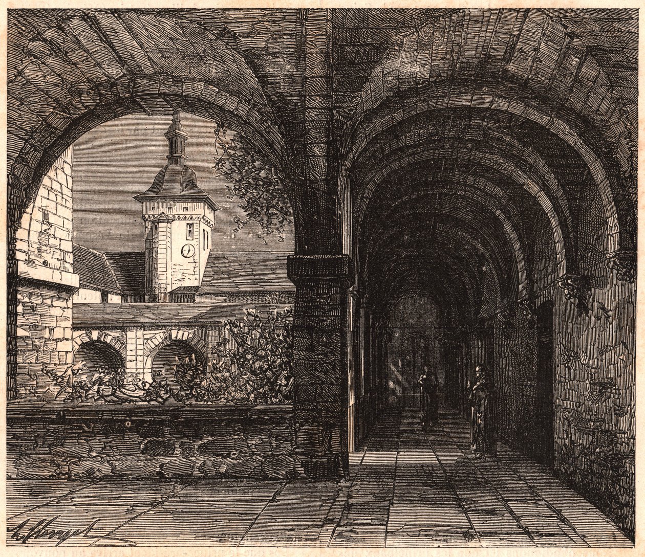 Uitzicht op de kloostergang van de abdij van Solesmes vanuit de galerij, Sarthe, Frankrijk door Unknown