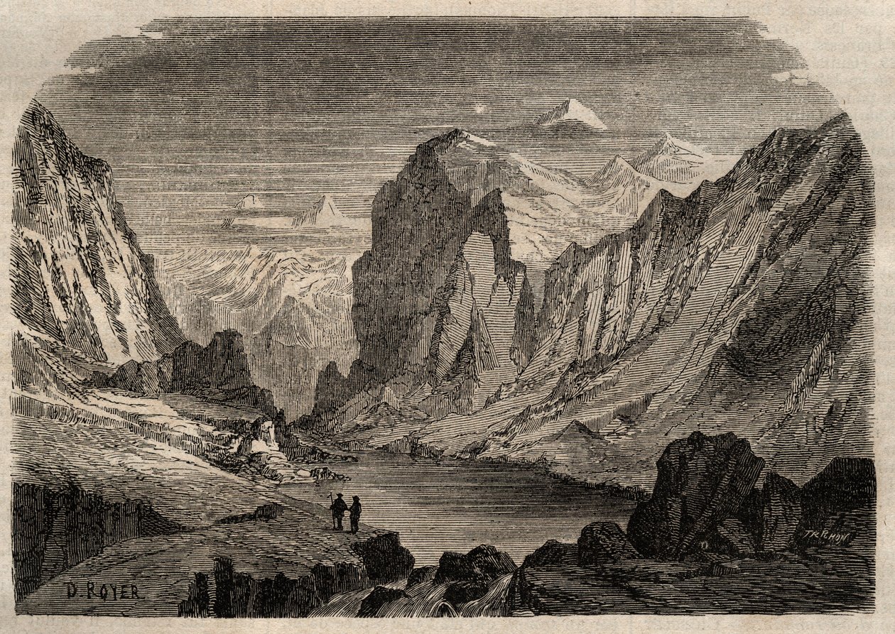 Zicht op het land van Davos in Zwitserland in de 19e eeuw - gravure in 