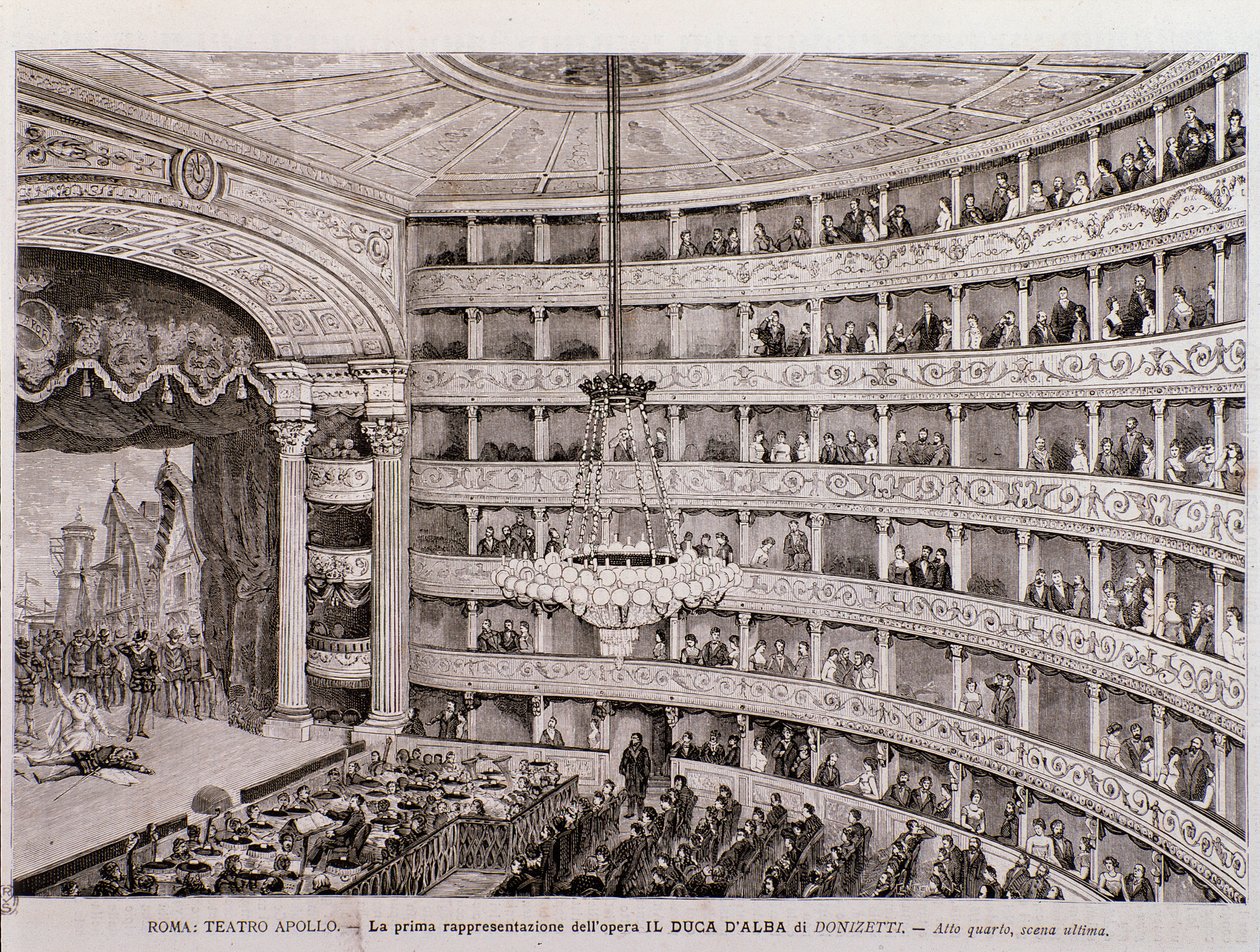 Uitzicht op de eerste uitvoering van de opera De Hertog van Alba, in het Teatro Apollo, Rome door Unknown artist