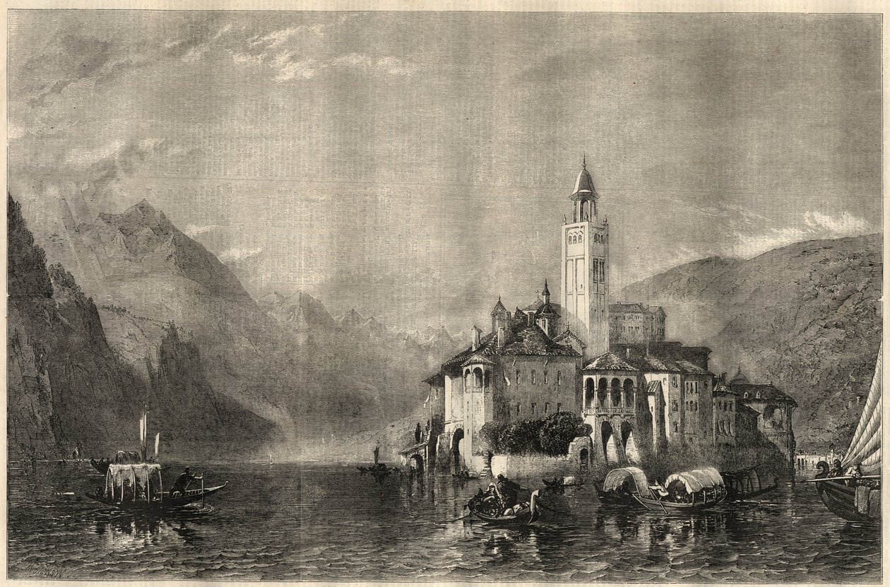 Zicht op het klooster Mater Ecclesiae op het eiland San Giulio op het Ortameer in Italië. Gravure naar een schilderij van William Collingwood Smith. In 