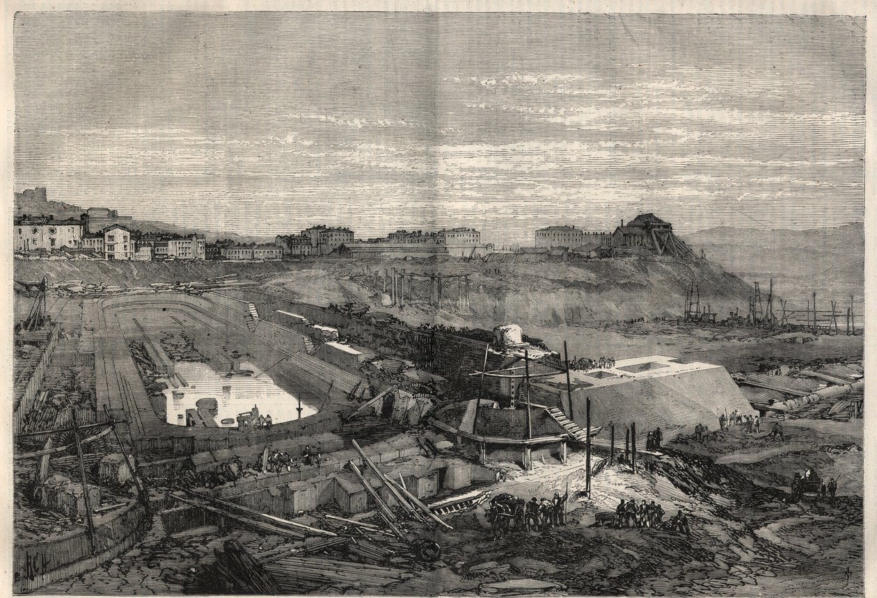 Zicht op de nieuwe dokken gebouwd door de Italiaanse regering in de haven van La Spezia. Gravure in 