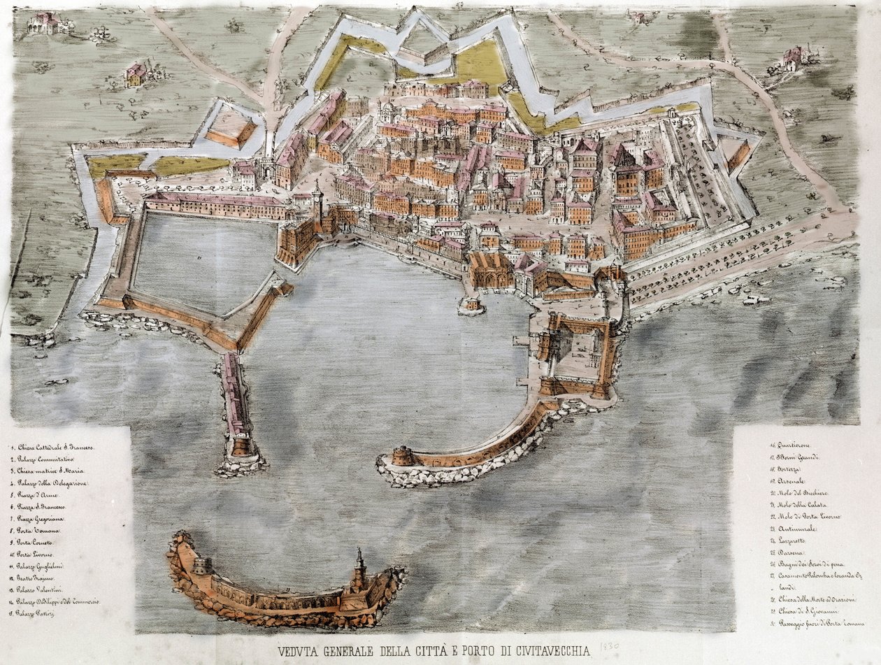 Uitzicht op de haven van Civitavecchia nabij Rome. 19e eeuw. door Unknown artist