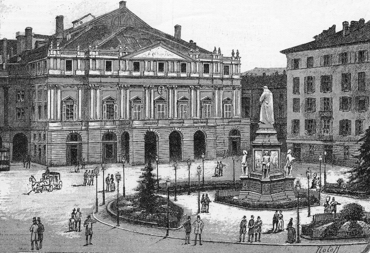 Zicht op het theater van La Scala in Milaan, Italië. (Teatro alla Scala Milano) Gravure in 
