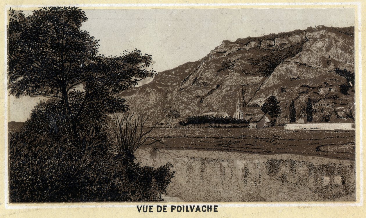 Zicht op het dorp Poilvache, Vallei van de Maas, België. Chromolithografie van het einde van de 19e eeuw. door Unknown artist