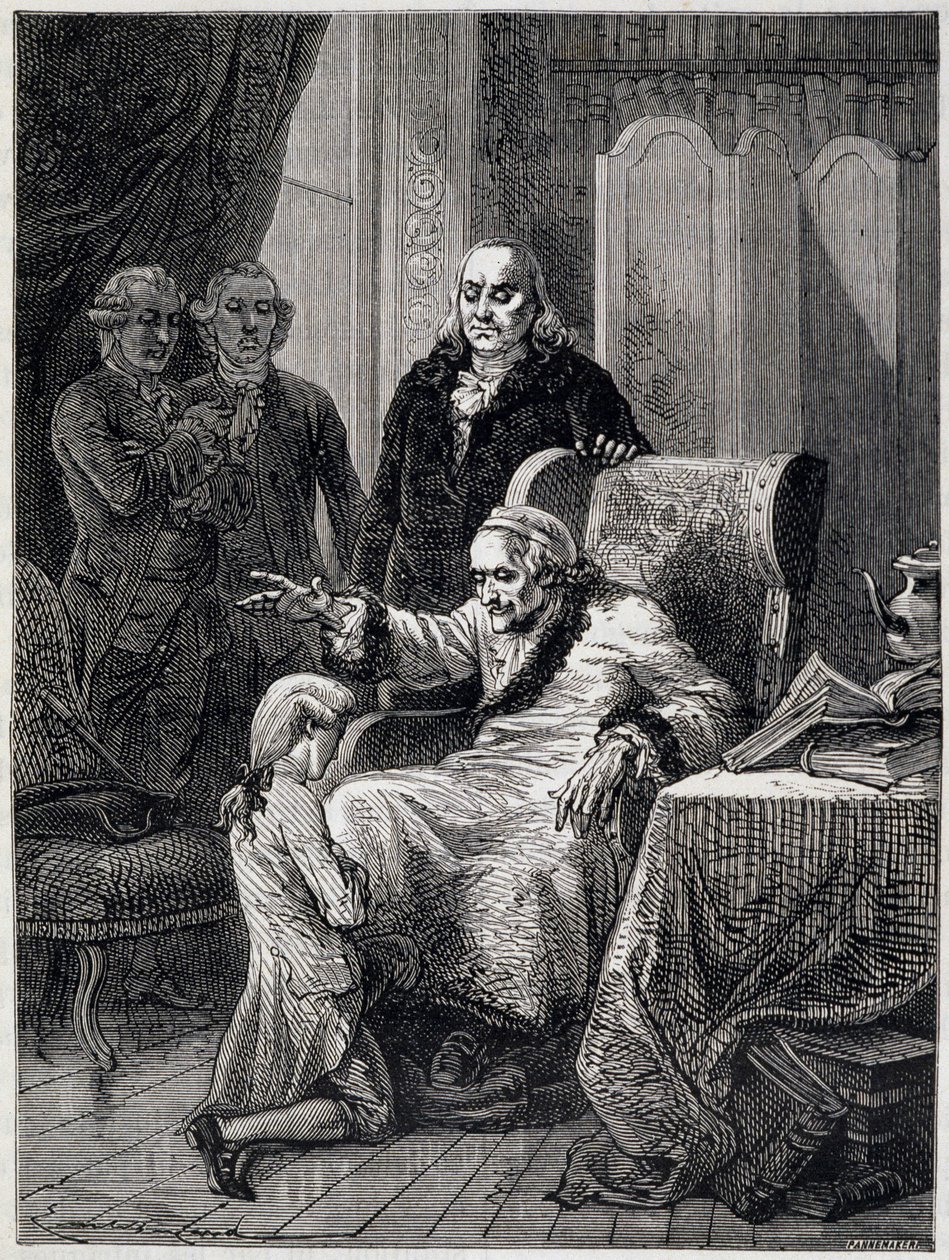 Voltaire die de kleinzoon van Franklin onderwijst - in 