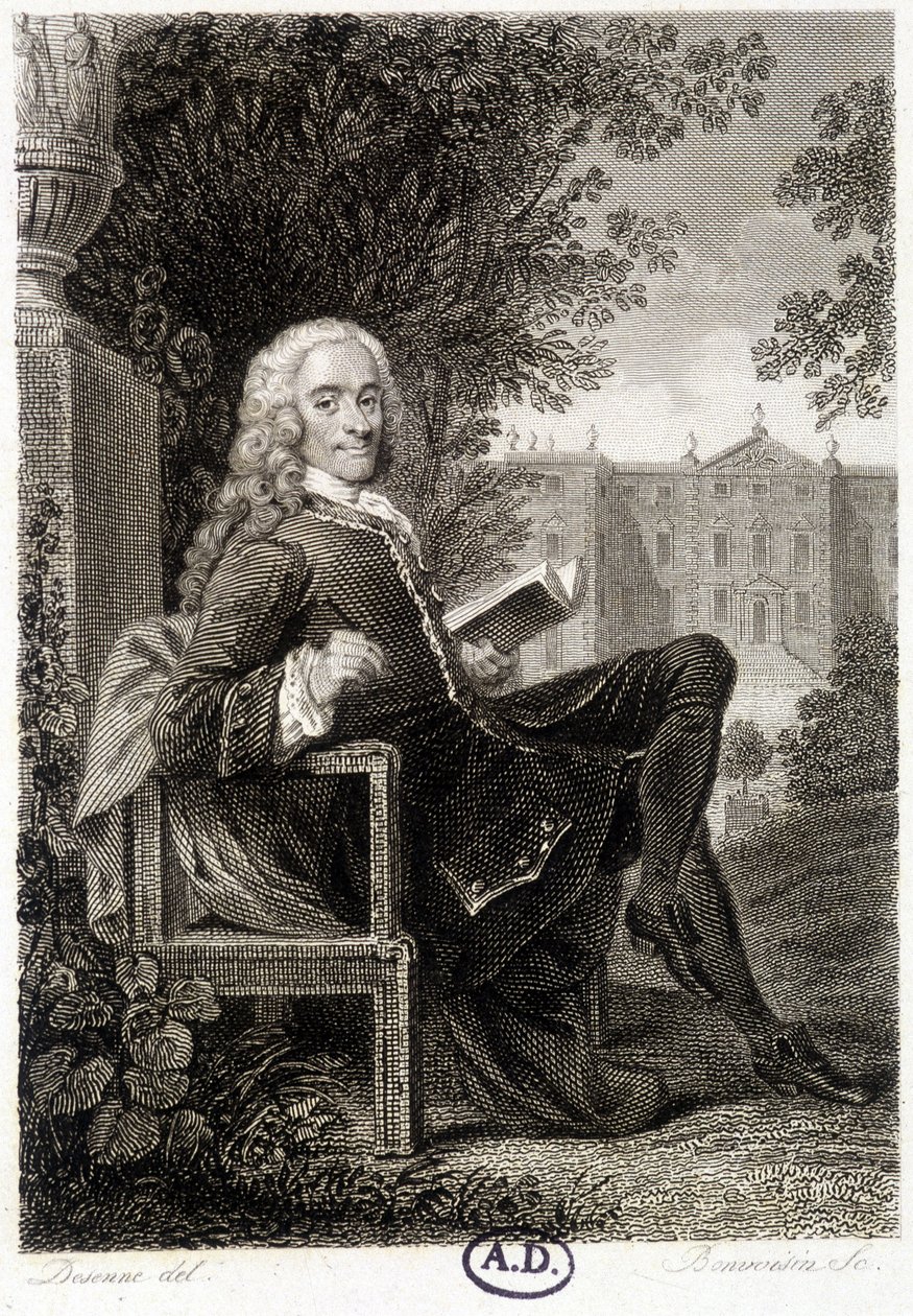 Voltaire leest in een park - gravure door Unknown artist