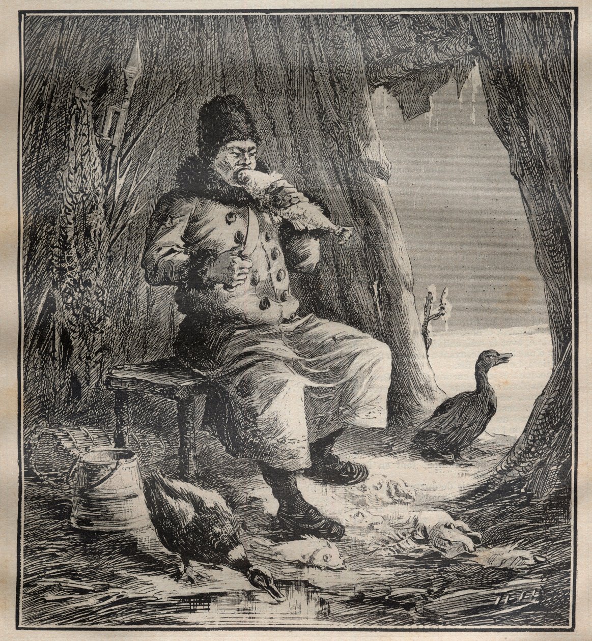 Reizen van Charles Rabot: Ostiak (Khanty of Khante) uit Siberië eet vis - Gravure in 
