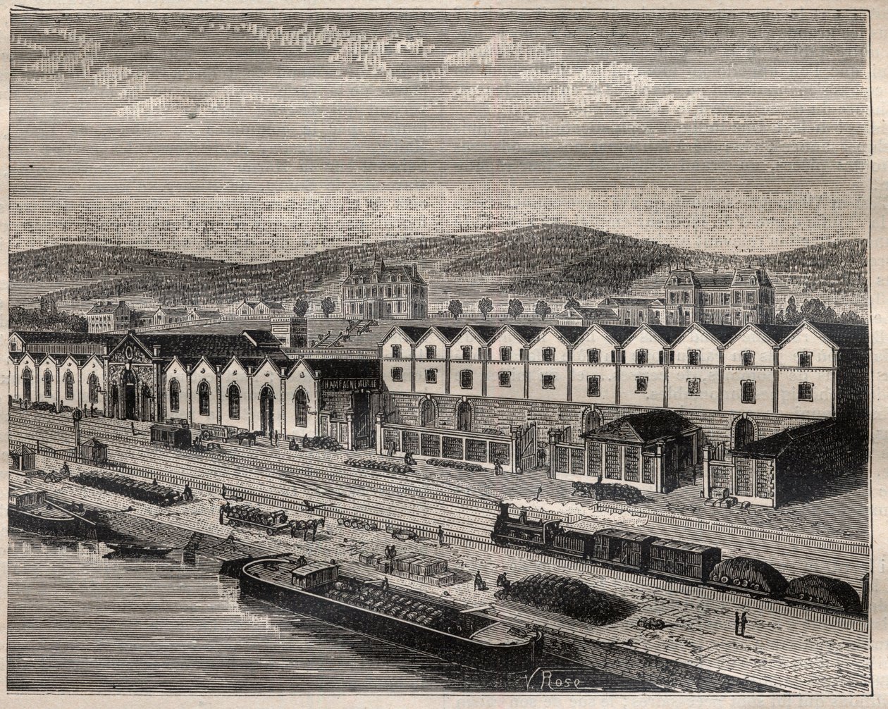 Vue du chateau de Pekin, hoofdvestiging van de Compagnie des grands vins de Champagne door Eugene Mercier (1838-1904) en Cie nabij Epernay - Gravure in 