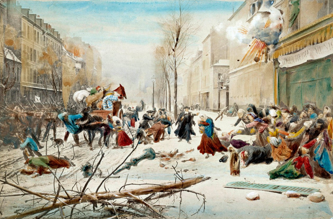 Oorlog van 1870: het beleg van Parijs in 1870, bombardement door de Pruisen. De inwoners van Parijs verlaten de gebombardeerde gebieden onder sneeuw. door Unknown artist