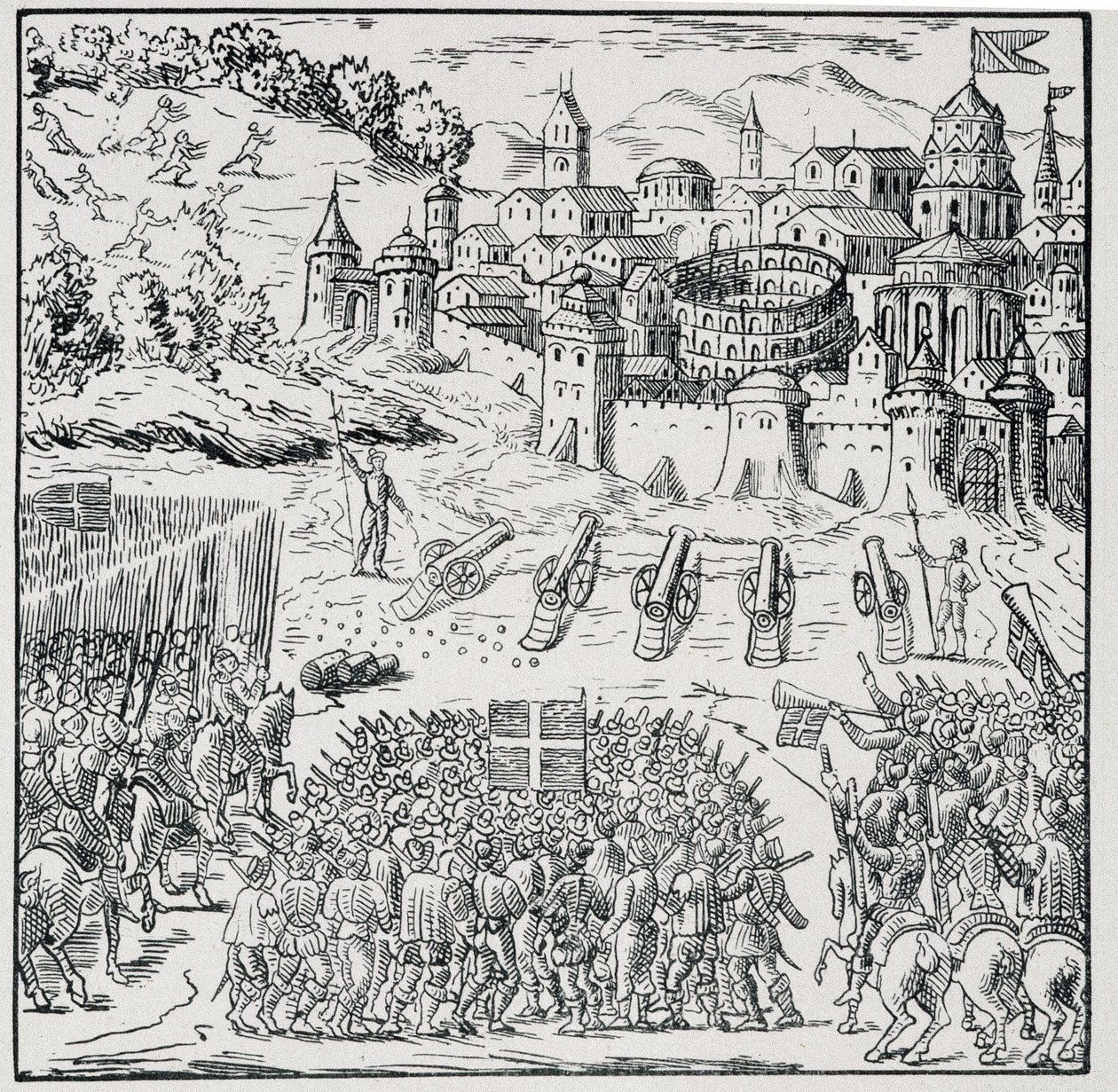 Godsdienstoorlogen: De stad Nîmes belegerd door het leger van de koning (Hendrik III) in 1576 - in Collection of 39 figures representing the calamities of France from 1562 to 1586, Louis Perrin imprim. door Unknown artist