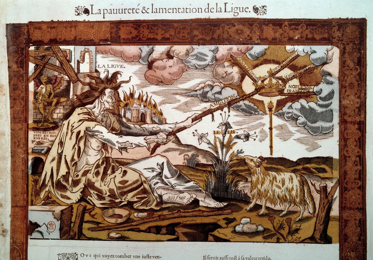 Oorlog van religie: allegorie over armoede en klaagzangen van de Heilige Liga (of Katholieke Liga), een katholieke beweging die erop gericht is het protestantisme uit Frankrijk te verdrijven door Unknown artist