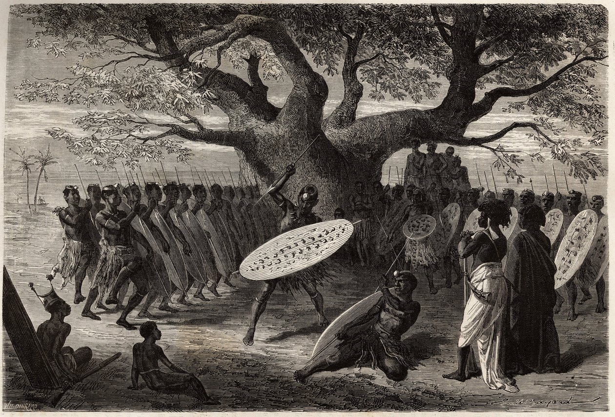 Krijgsoefeningen van de Landines of caffres-zulus, een Sena (Zambese riviergebied, Mozambique). Gravure ter illustratie van Dr. Livingstone