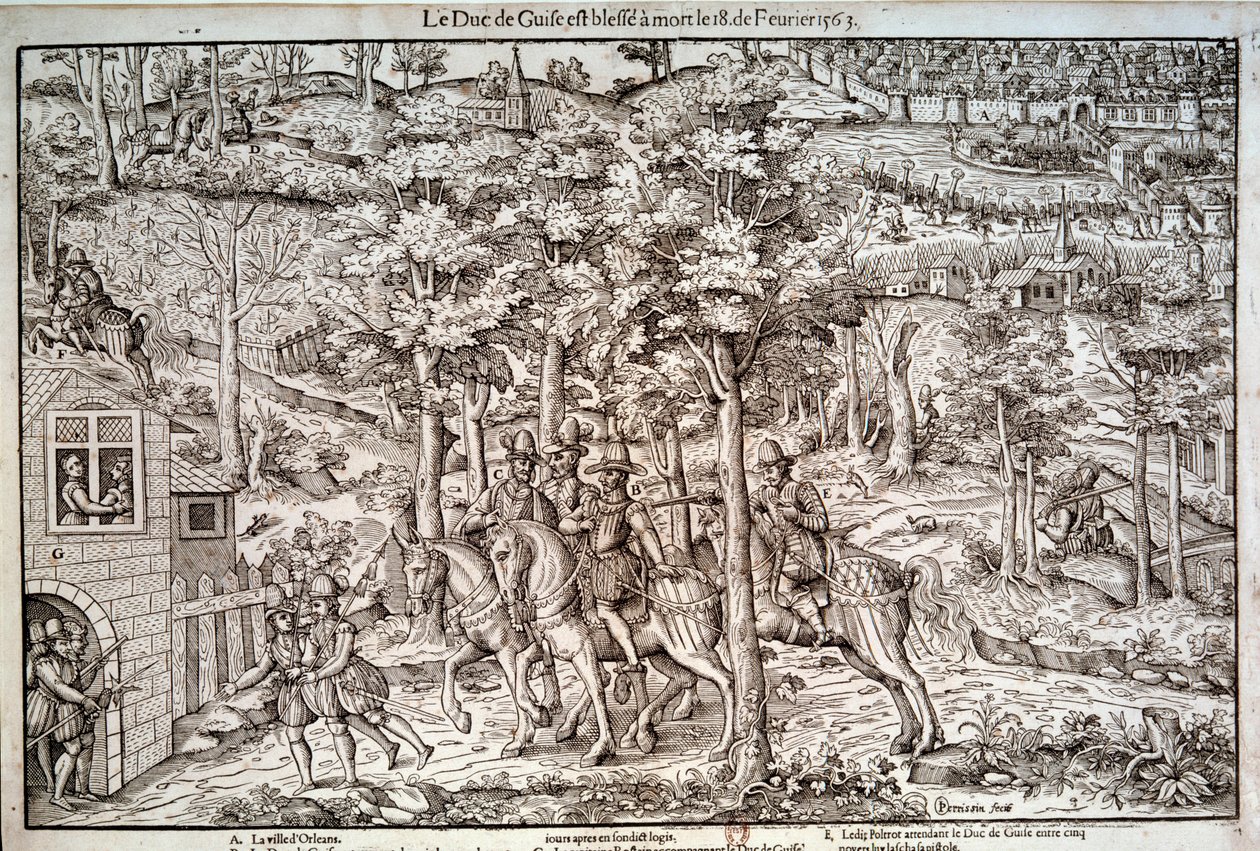 Godsdienstoorlogen 1562-1598: Moord op François I van Lotharingen (1519-1563) Tweede hertog van Guise op 18/02/1563. Een katholieke leider, hij werd vermoord door de calvinist Jean de Poltrot de Mere door Unknown artist