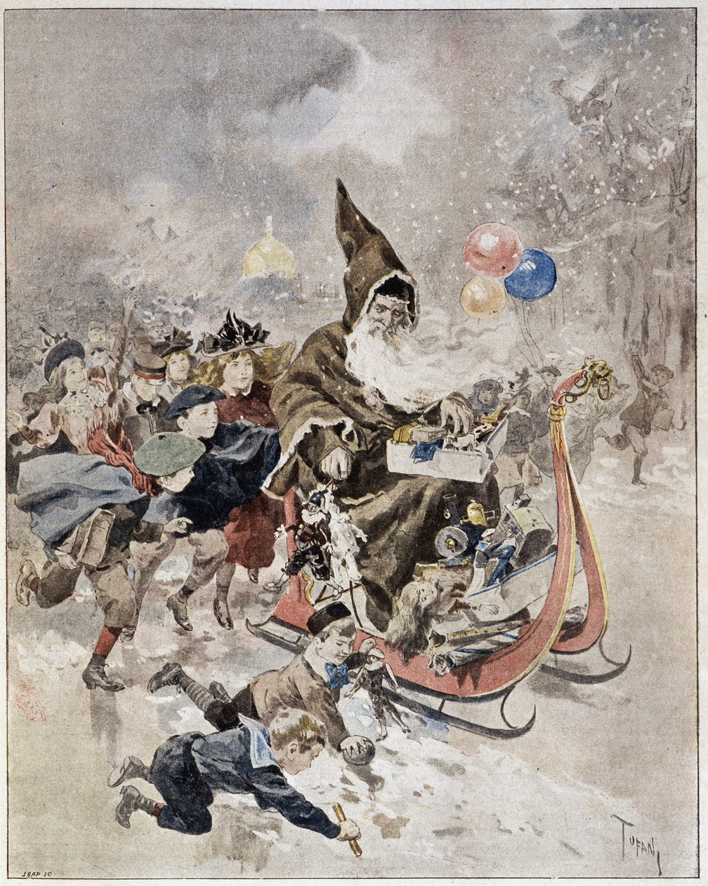 Aquarel die de Kerstman afbeeldt. 
