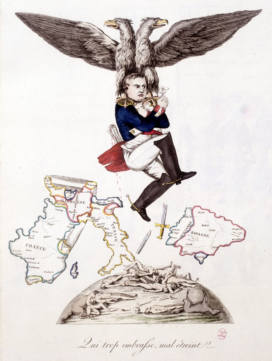 Wie te veel omhelst, omhelst slecht: na de dood door heel Europa te hebben gezaaid, voegt Napoleon zich bij het eiland Elba, gedragen door een adelaar - in 