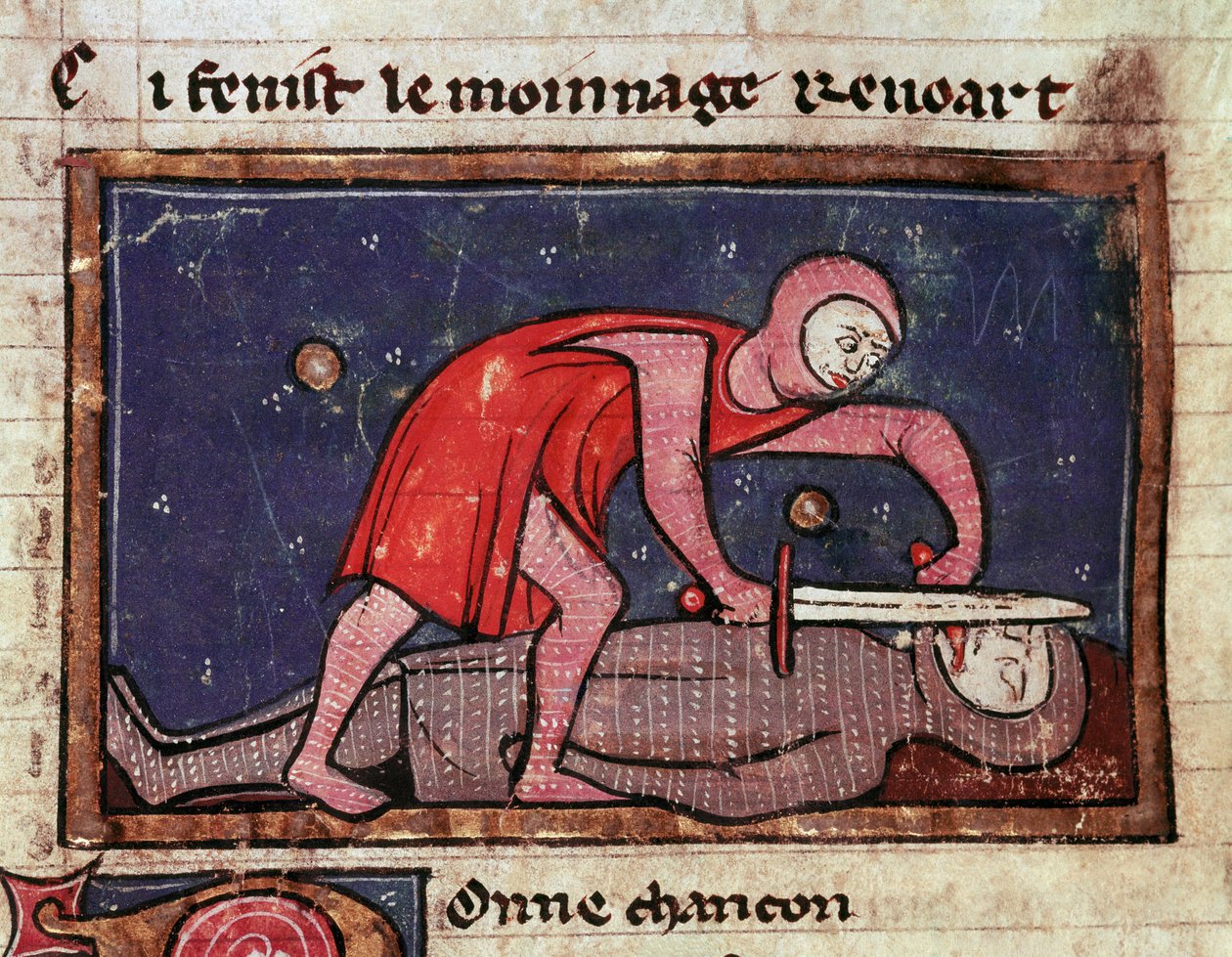 Willem V van Poitiers, de Grote (960-1030) snijdt de tong van zijn vijand Graaf Boson II van de Marche (988-1008) in 1008 Miniatuur uit 