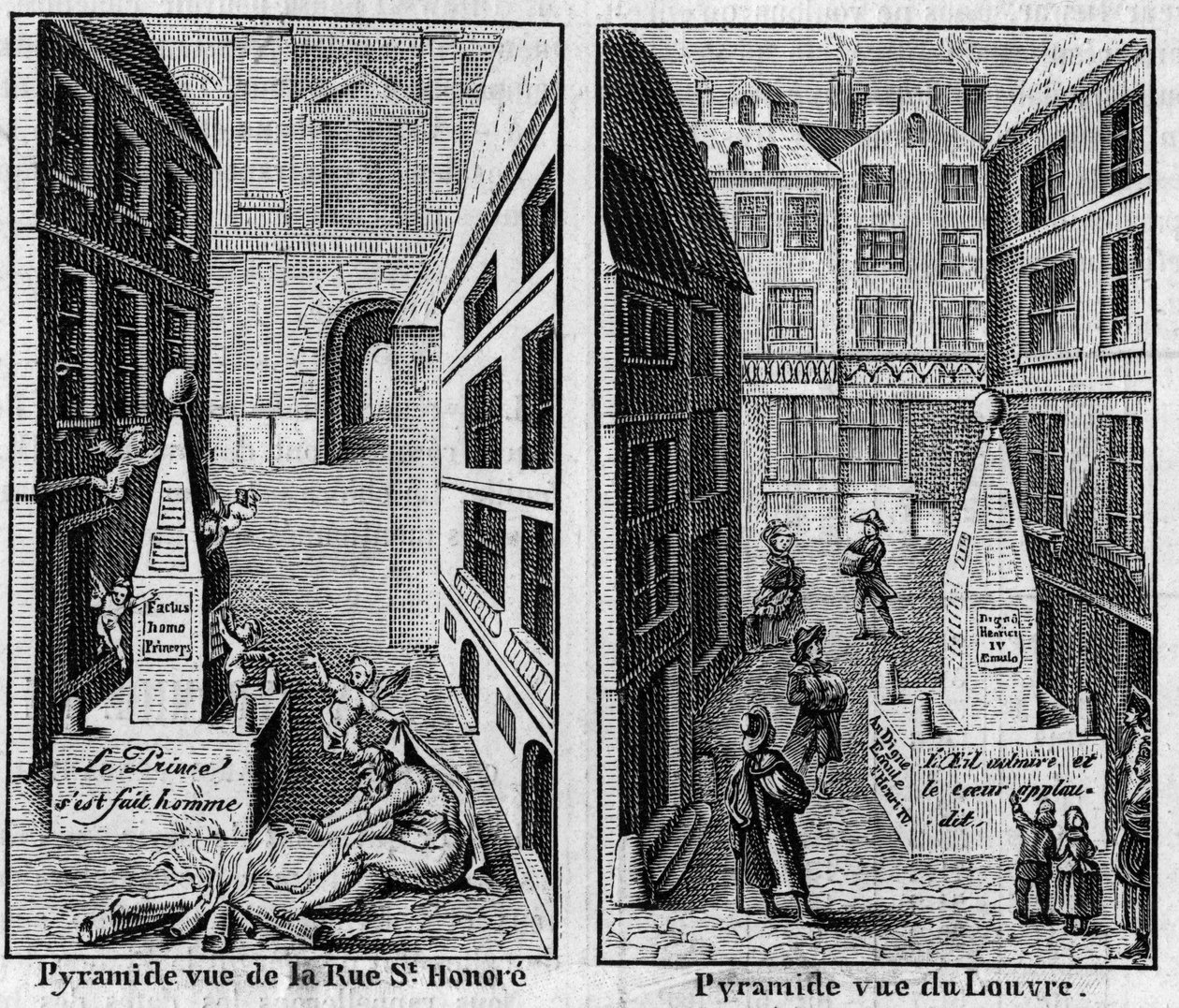 Winterpiramide 1784 in Parijs. Facsimile van twee prenten gepubliceerd in La Pyramide de neige, almanak van 1786. Gravure in La Nature: revue des sciences et de leurs applications aux arts et a l