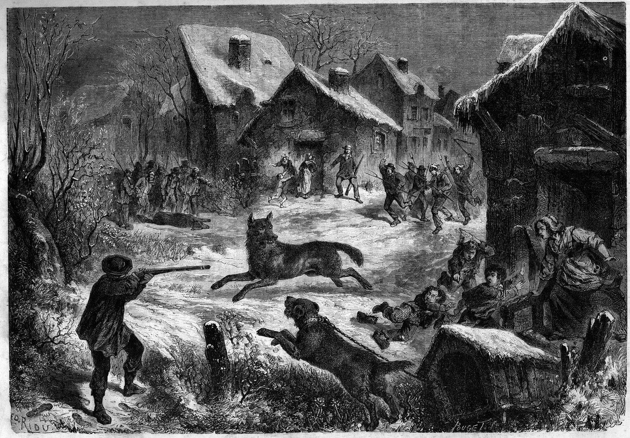 Wolvenjacht in het dorp Saliers, Bouches-du-Rhône, 31 december 1860. Gravure in 