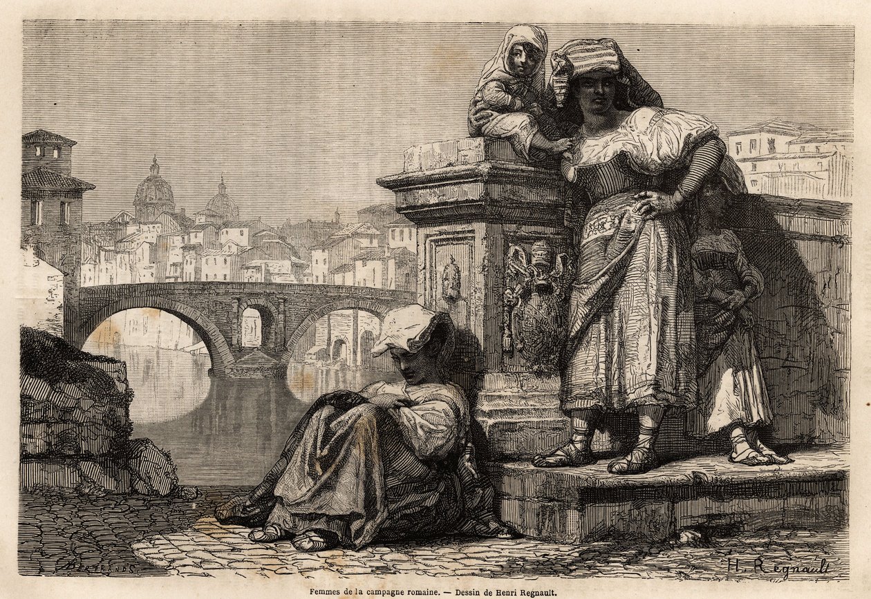 Vrouwen en kinderen van het Romeinse platteland rusten uit aan de rand van de Tiber door Unknown artist