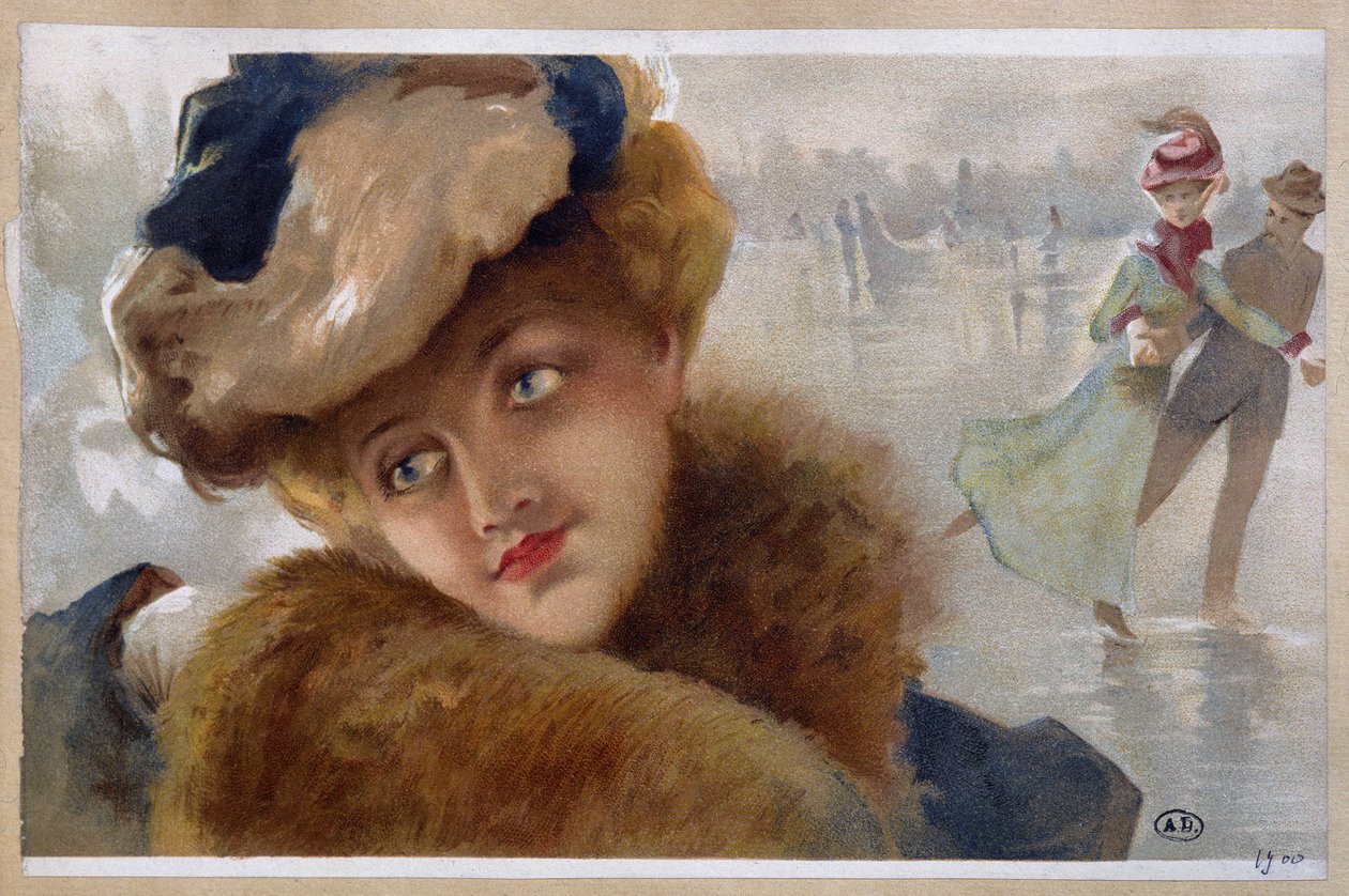 Vrouwen op een ijsbaan - chromo door Unknown Artist