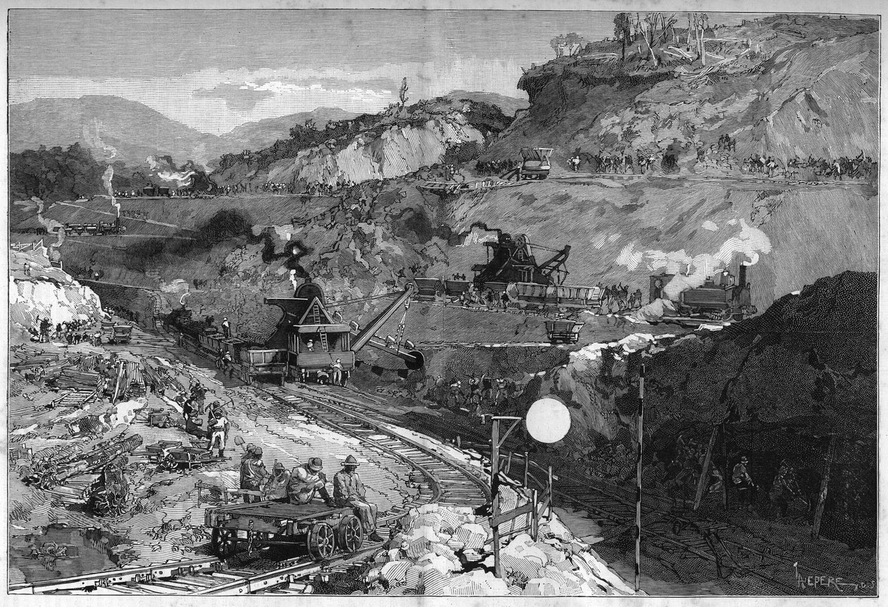 Werker op de greppelplaats in Lower Obispo voor de aanleg van het Panamakanaal. Gravure in "Le Monde Illustré" door Unknown artist