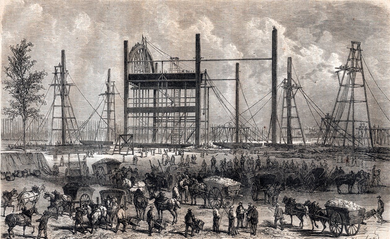 Werken op het Marsveld in Parijs eind april 1866 - gravure van 1867 door Unknown artist