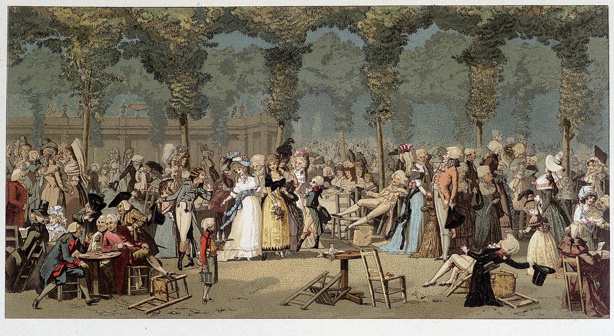 Wereldwandeling door de tuinen van het Koninklijk Paleis, eind 18e eeuw - chromo naar de gravure van Debucourt door Unknown artist