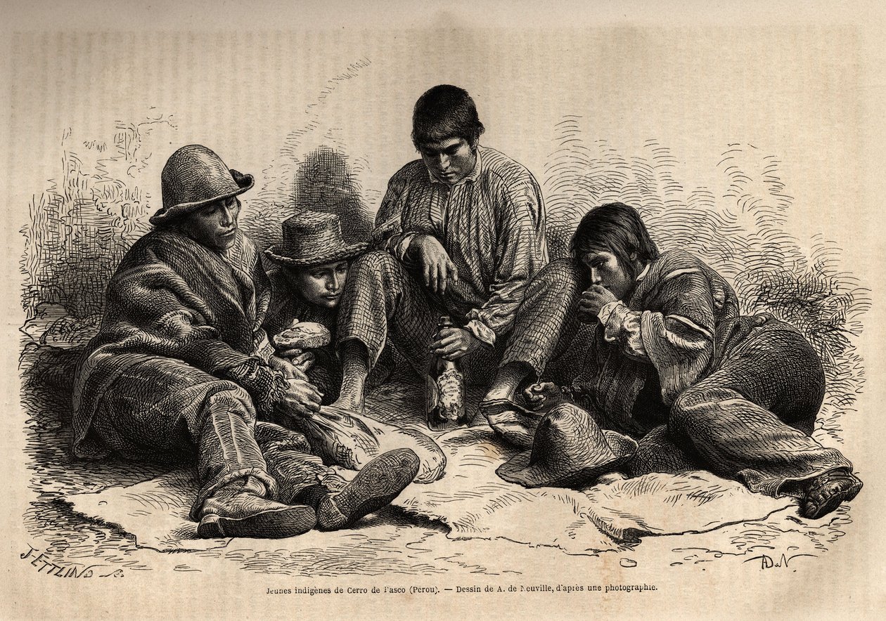 Jonge indianen uit Cerro de Pasco (centraal Peru), verzamelen zich voor het ontbijt. Gravure ter illustratie van Les iles Chincha, rect door L.Simonin, in 1860, gepubliceerd in Le tour du monde, nouveau journal des voyages, onder redactie van Edouard Chart door Unknown artist