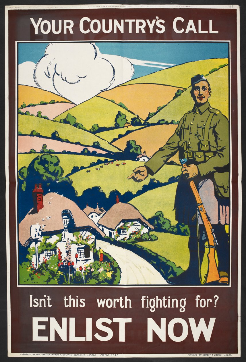 De roep van uw land ...". Een wervingsposter met daarop het Britse platteland, 