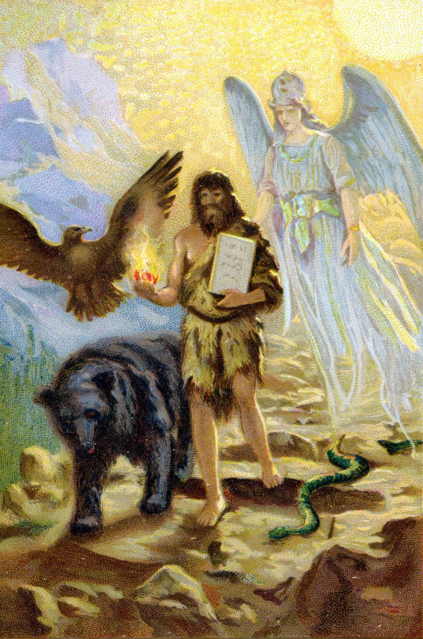 Zarathustra, geleid door de Aartsengel en vergezeld door dieren, daalt af tussen mensen om de tafelen van de wet te brengen door Unknown artist