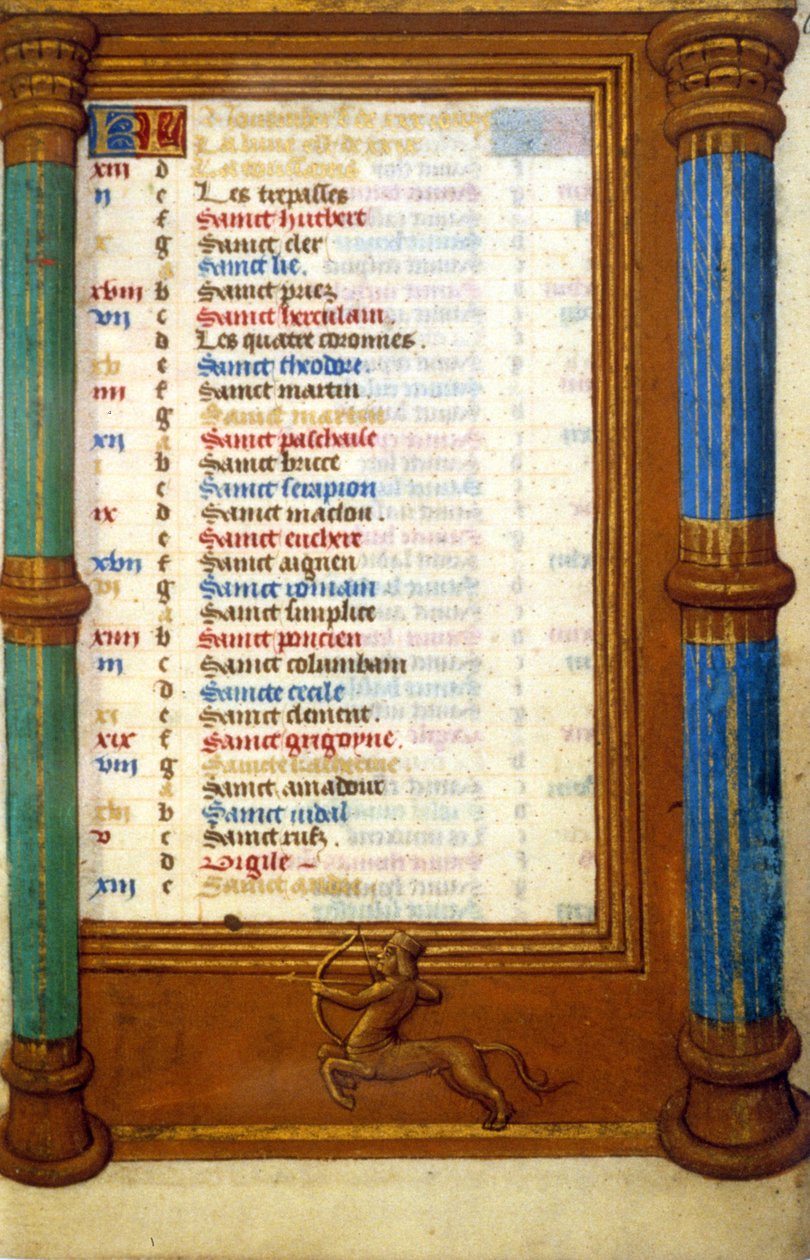 Zodiak Boogschutter en heiligen van de maand november - miniatuur Middeleeuwen (ref.: 135, 006r): verzoek om toestemming van de Gemeentelijke Bibliotheek van Toulouse (tel: 05 62 27 66 66) door Unknown artist