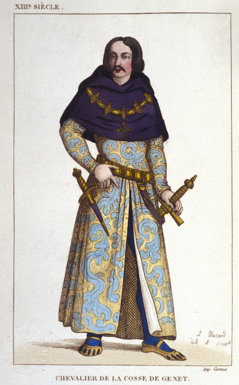 Kostuum van Chevalier de la Cosse de Genet na het jaar 1365. gravure uit 1830 door Unknown artist