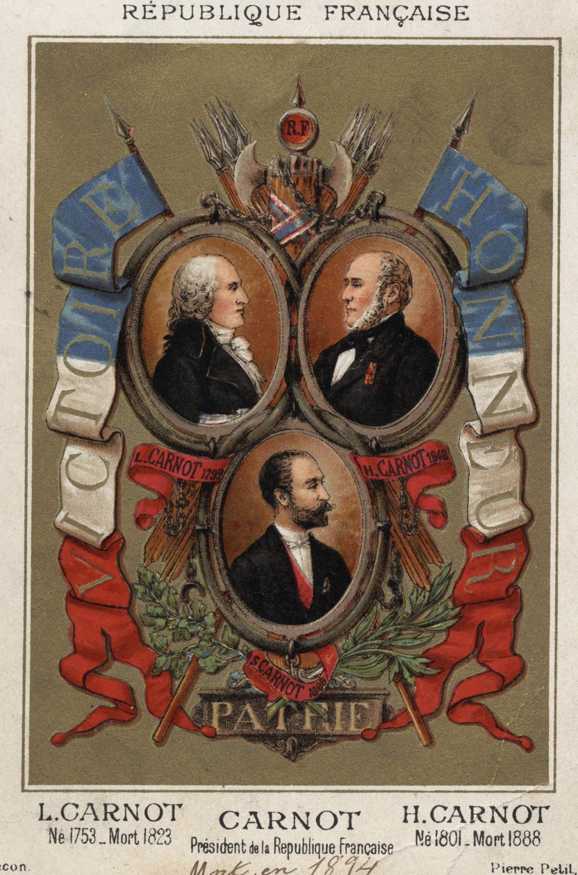 Portretten van Lazare Carnot Franse politicus (1753-1823), Hyppolite Carnot (1801-1888) en Sadi Carnot president van de Franse republiek door Unknown artist