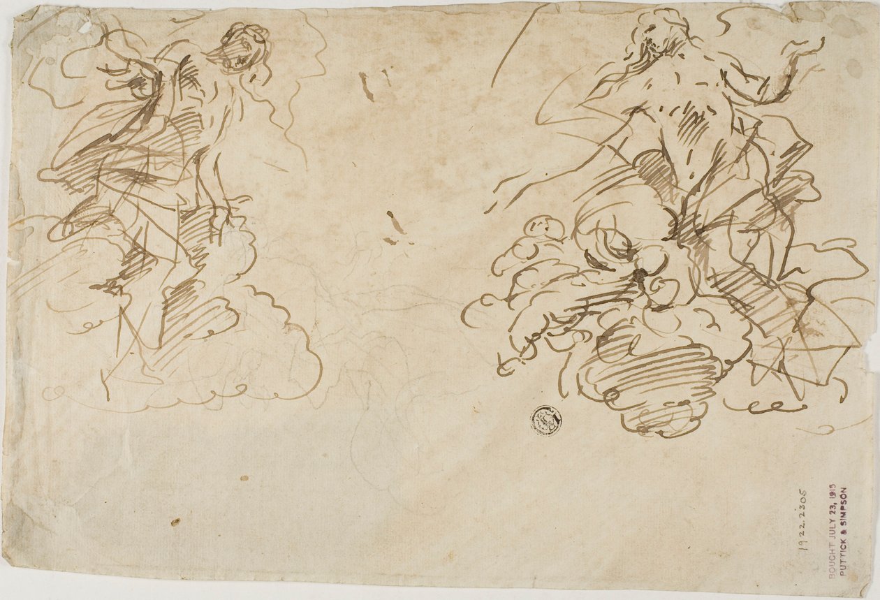 Twee figuren in wolken door Unknown Italian
