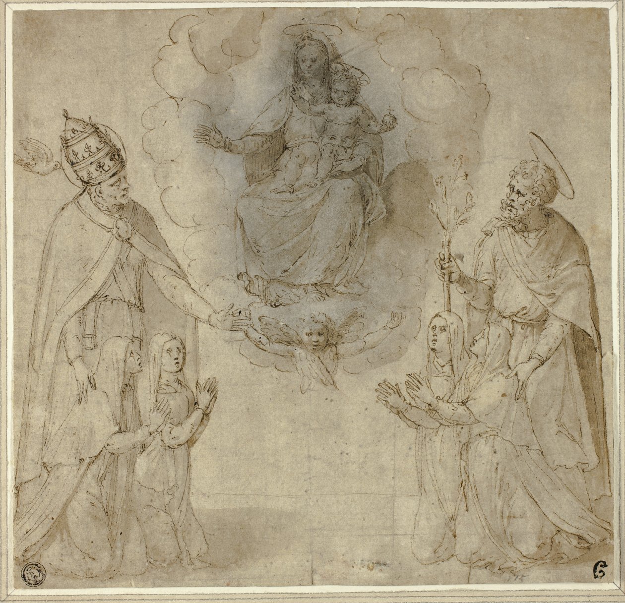 Maagd en kind voor de heiligen Fabianus (of Gregorius de Grote) en Jozef door Unknown Sienese
