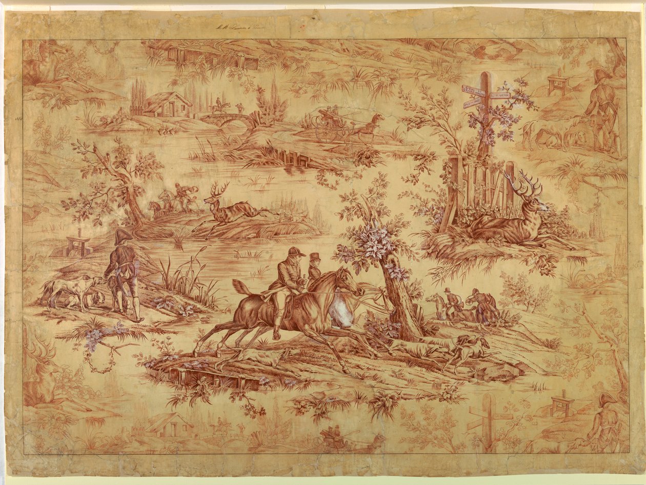 Tekening, Cartoon voor katoenbedrukt textiel, La Route de Jouy, na 1815 door Unknown artistUnknown artist